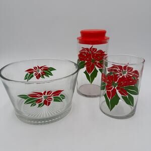 Vintage Jars Cannisters 5" and 6.5" & Bowl 7" in Poinsettia by Indiana Glass